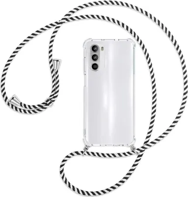 Produktbild von Handykette Backcover-Schutzhülle mit Band (Metall silberfarben) für Motorola Moto G52 / G82 - schwarz/weiß gestreift