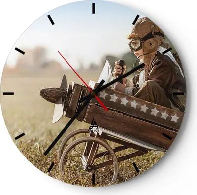 Produktbild von Wanduhr - Rund - Glasuhr - Kindheit Flugzeug Spielzeug - 30x30cm - Schleichendes Uhrwerk - Lautlos - zum Aufhängen bereit - Dekoration Modern - Wanddekoration aus Glas - C3AR30x30-4469