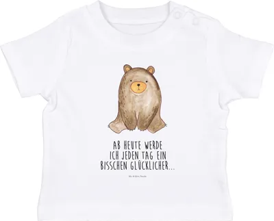 Produktbild von Mr. & Mrs. Panda Babyshirt Bär sitzend 6. - 12. Monat - Weiß - Geschenk,  T-Shirt, Kinder Top, Baby, Organic, Teddy, Shirt