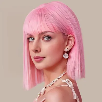 Produktbild von Kurze, rosafarbene Perücke mit geradem Pony – 30 cm, aus synthetischen Fasern, geeignet für Cosplay und den täglichen Gebrauch