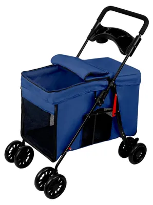 Produktbild von Faltbarer Hundewagen für Haustiere mit Getränkehalter, Netzfenstern, klappbar, Jogger Buggy für kleine Hunde und Katzen bis 20 kg (Blau)