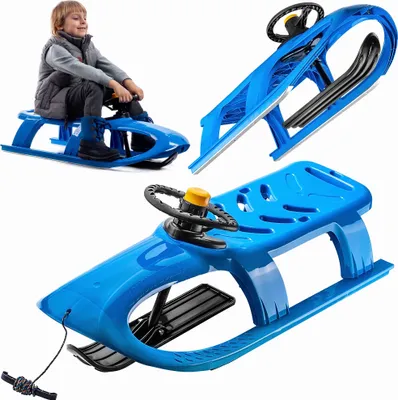 A collage of images showing a blue plastic sled with a steering wheel and a child sitting on one of the sleds.