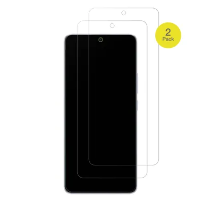 Two screen protectors are shown layered on top of each other, with the bottom one partially covering a black smartphone screen.
