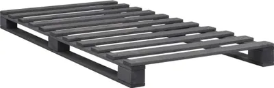 A dark gray wooden pallet bed frame on a white background.