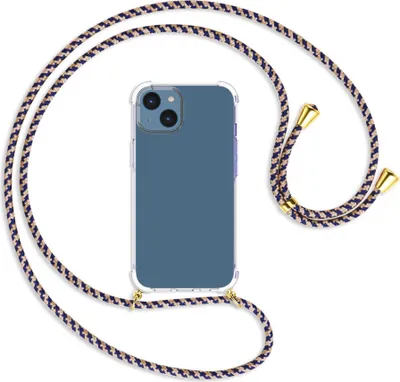 Produktbild von Handykette Backcover-Schutzhülle mit Band (Metall goldfarben) für Apple iPhone 14 (6.1'') - blau+beige