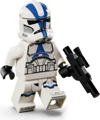 A LEGO minifigure of a Clone Trooper from the 501st Legion, holding a blaster.
