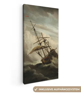 Produktbild von MuchoWow® - Leinwandbilder - Ein Schiff auf offener See während eines Sturms - Gemälde von Willem van de Velde, Wandbild, Wanddeko Bilder Wohnzimmer, 20x40 cm