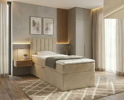 A bedroom scene featuring a bed, nightstand, and wardrobe.