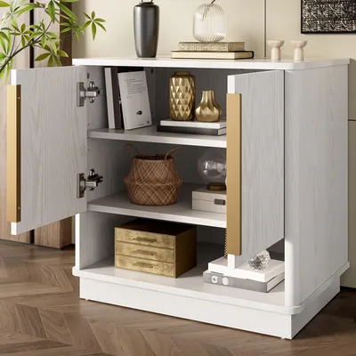 Produktbild von okwish Moderner Schuhschrank Flurschrank Schuhständer mit goldfarbenen Griffen und offenem Fach,Sideboard mit Holzoptik und 2 Türen,Weiß+Holz
