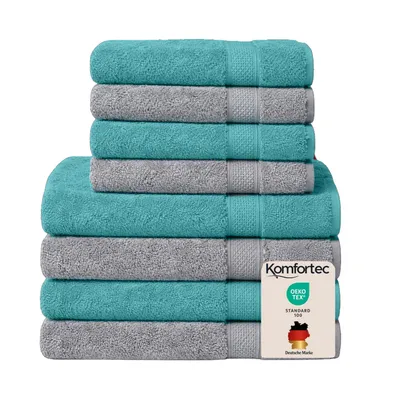 Produktbild von Komfortec 8er Handtuch Set aus 100% Baumwolle, 4 Badetücher 70x140 und 4 Handtücher 50x100 cm, Frottee, Weich, Towel Groß Anthrazit Grau&Aqua