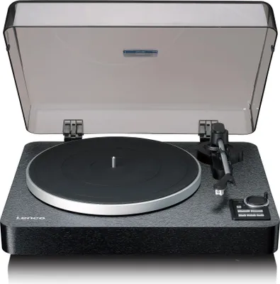 A turntable with its lid open, shown from a slightly elevated front-diagonal angle.