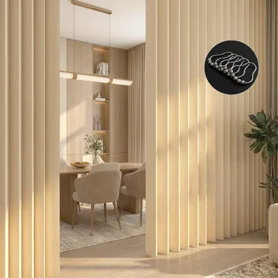 A room divider with vertical slats, showing a dining area in the background.
