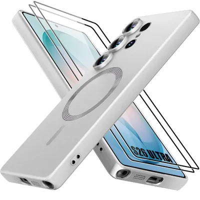 Image de Coque + 2 Verres Trempés pour Samsung Galaxy S26 Ultra, Silicone Anti-Rayures avec Cercle Magnétique - Argenté