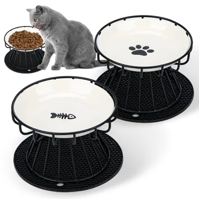 Immagine prodotto di Ciotola gatto rialzata - Vetroceramica - 2 ciotole con supporto - Tappetino antiscivolo in silicone
