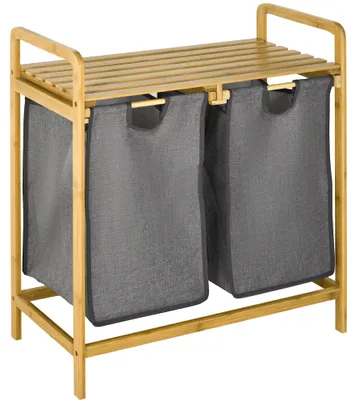 Produktbild von HOMCOM Wäschekorb Wäschebox mit 2 abnehmbaren Wäschesacke Wäschesammler mit Plattform Wäschesortierer für Badezimmer Bambus Grau+Natur 63,5x33x73 cm