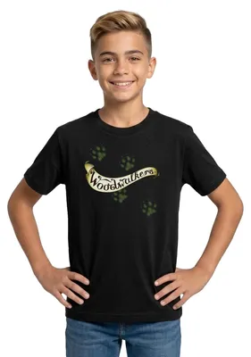Produktbild von Spreadshirt Woodwalkers Logo-Schriftzug Und Pfotenabdrücken Teenager T-Shirt, 134/146 (9-11 Jahre), Schwarz