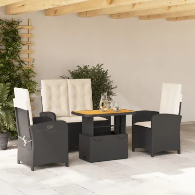 Produktbild von Design 4-tlg. Garten-Essgruppe mit Kissen Schwarz Poly Rattan, Gartenmöbel-Sets 2024 Neu