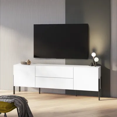Produktbild von Modernes Design Wohnzimmer TV-Ständer weiß 2 Türen 2 Schubladen Kaveh