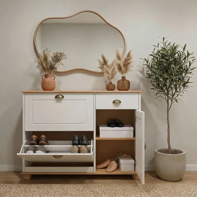 Produktbild von Schuhkipper Schuhschrank Flurschrank Dielenschrank mit 2 Klappen, 1 Tür und 1 Schublade in Kiefer massiv in weiß/braun