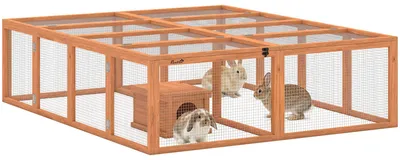 Produktbild von PawHut Freilaufgehege Kaninchenstall aus Holz mit 2 Türen Unterschlupfhaus