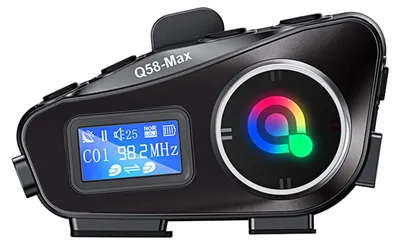 A close-up product shot of a black motorcycle intercom headset with a colorful illuminated logo.