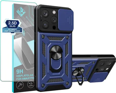 Produktbild von Armor Handyhülle für Apple iPhone 16 Pro mit 9H Displayglas Displayschutz Kameraschutz Handy Panzer Case Cover Schutzhülle Outdoor Farbe: Blau