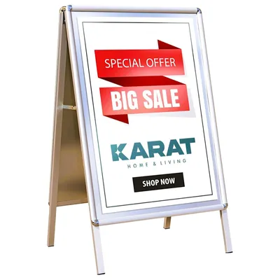 A-frame sign with promotional text.