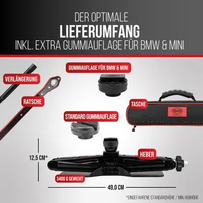 Produktbild von HEYNER® Scherenwagenheber 2 t für BMW 5er G60 (2023–) – runder Sattel, austauschbare 360° Gummiauflage, Hub 125–470 mm, 17 mm Ratsche & Drehknauf, Standfuß 30×8 cm, bis −50 °C