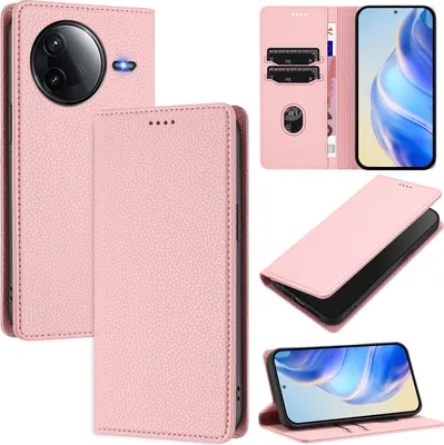 Produktbild von Litchi Leder Handyhülle für Xiaomi Redmi K80/K80 Pro Wallet Kartenfächer Standfunktion Hülle Pink