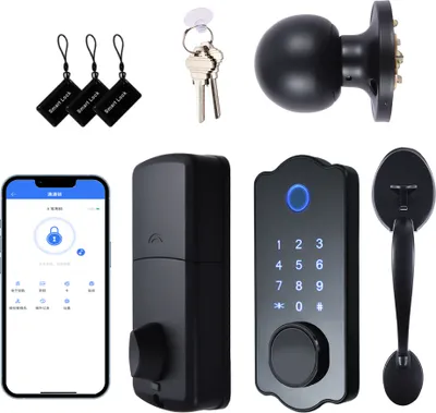 Produktbild von Intelligentes Tuerschloss mit schluessellosem Zugang, wasserdichtes automatisches Schloss, 5-in-1-TTlock-App, IC-Karte, 150 Codes, elektronisches Fingerabdruck-Tuerschloss mit Griffhebel-Set fuer die Vordertuer