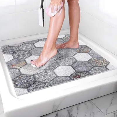Obrázok produktu pre Protisklzová podložka pod sprchu, 80 x 80 cm, PVC, sivá, s odvodňovacími otvormi, rýchlo schnúca
