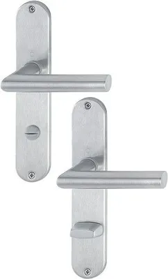 Two brushed metal door handle sets on a white background.