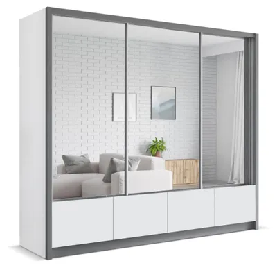 Produktbild von Krudox LUI Kleiderschrank Weiß Grau 254x217x62 cm Schiebetürenschrank mit Spiegel 4 Schubladen 3 Kleiderstangen Schlafzimmer
