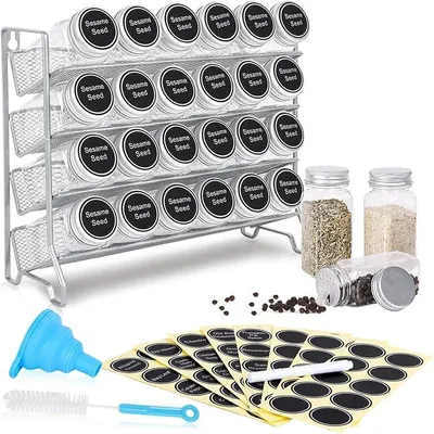 Produktbild von PolkaHome® 4-stöberiges Gewürzregal Standregal Metall Küchenregal mit 24 Gewürzgläsern, 80 Etiketten, Trichter und Kreidestift