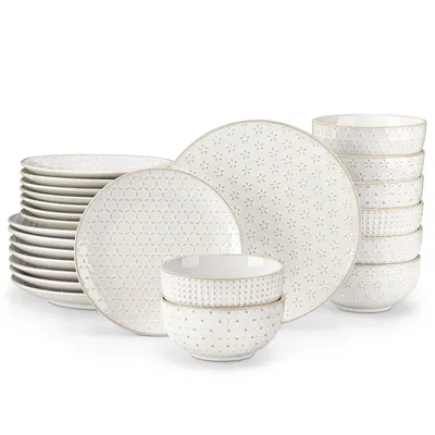 Image de Service de table en faïence, 24 pièces, service combiné avec assiettes à manger, assiettes à gâteaux et bols pour 8 personnes