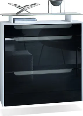 Produktbild von Vladon Schuhschrank Annie, Schuhkipper für 16 Paar Schuhe mit 2 Klappen, 1 Schublade und Glasablage, Weiß matt/Schwarz Hochglanz, Griffmulden in Grau Hochglanz (89 x 96 x 23 cm)