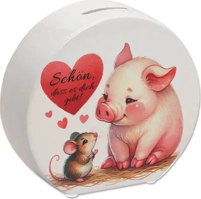 Produktbild von Schwein mit Maus und Herz Spardose mit Spruch Schön dass es dich gibt