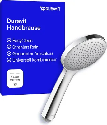 Produktbild von Duravit Universal Duschkopf, Duschbrause mit Strahlart Rain, Handbrause rund (Ø 110 mm), Brausekopf mit reinigungsfreundlichen Silikonnoppen, Chrom