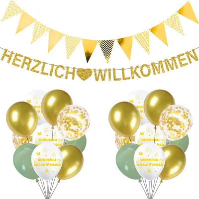 Produktbild von Willkommen Zuhause Deko Set - 21-teilig mit Girlande und Luftballons - Dekoration für Haus und Events - Gold