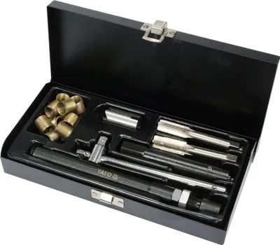 A black metal case containing a set of tools for repairing spark plug threads.