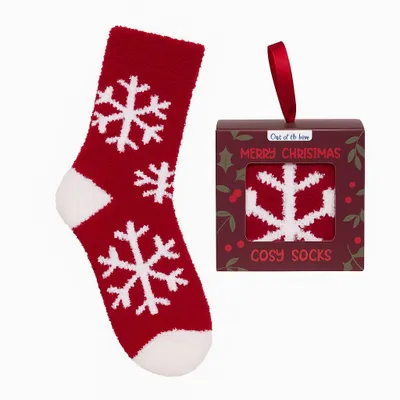 Produktbild von Kuschelsocken X-MAS Schneeflocke – Weihnachtssocken Einheitsgröße 36–42, 98% Polyester, 2% Elasthan, Geschenkverpackung mit Schleifenband