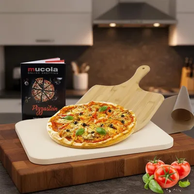 Produktbild von Mucola Backstein SET 4tlg. Steinofen Pizzastein Schaufel Rezeptbuch 30x38cm Cordierit Backpapier Ofen Gasgrill Beige Knusprig Küchen