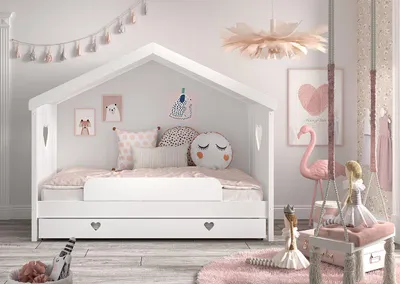 Produktbild von Vipack Hausbett Amori mit Absturzschutz, Liegefläche 90 x 200 cm, inkl. Rolllattenrost und Bettschublade, Ausf. Kiefer und MDF weiß lackiert