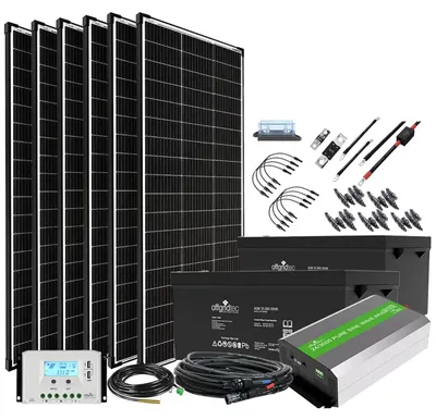 Obrázek produktu pro Kompletní solární systém - 200W solární panely - 1000W střídač - baterie - systém pro provoz bez připojení k síti