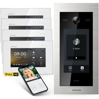 Produktbild von Balter EVO-HD Video Türsprechanlage mit Touchscreen, Smartphone App, 1 Familienhaus, 4x 7 Zoll Monitor, Türklingel mit Kamera Full HD, 2 Draht Bus