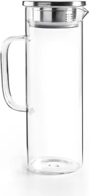 A clear studio shot of a glass carafe with a silver lid and infuser.
