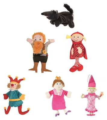 Handpuppen-Set für Kinder bestehend aus Wolf Räuber Rotkäppchen Kasperle Königin und Fee