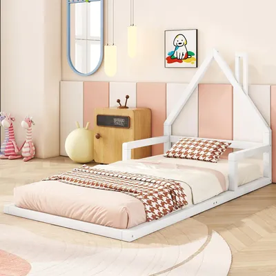 Obrázek produktu pro Dětská postel Merax 90x200 cm, z masivního dřeva, postel z masivního dřeva ve tvaru domečku se zábranou, postel pro mládež, podlahová postel, jednolůžko, bílá
