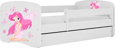 Produktbild von Kinderbett Weiß 70x140 80x160 80x180 cm – mit Matratze, Rausfallschutz und Schublade – Jugendbett für Mädchen und Jungen – Stabil und Sicher – Fee und Schmetterlinge – 140x70 cm