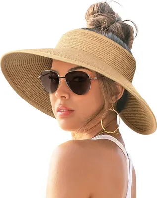Produktbild von Sonnenblendenhüte für Damen, breite Krempe, Strohhut zum Aufrollen, Pferdeschwanz, Sommer-/Strandhut, UV-Schutz, verstaubar, faltbar, für Reisen